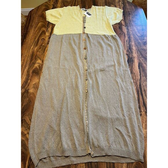Vtg Mon Tricot Knit Button Up Maxi Sweater Dress Green Tan Sz M - Picture 1 of 14